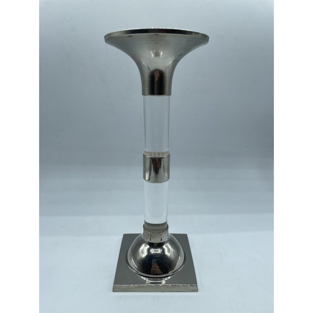 Vintage MCM Silver Plated On Brass Lucite Candlestick Holder One Band